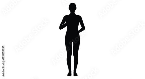 Silhouette of confident woman standing with hand on hip in black isolated on white background, simple modern illustration for design and creative projects