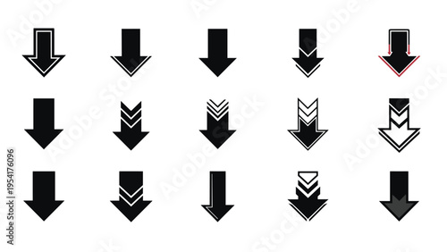 Comprehensive set of fifteen different black down arrow icons and symbols showing various styles of directional pointers for web design.