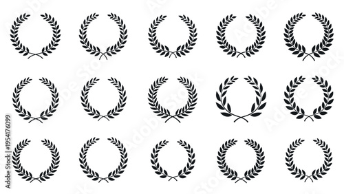 Set of fifteen various black laurel wreaths and olive branch frames for awards and recognition symbols isolated on a white background.