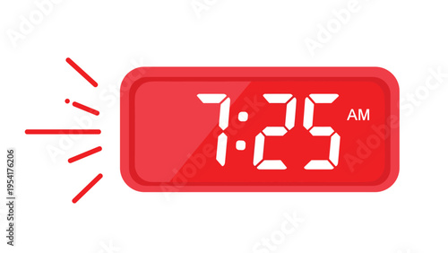 Red digital alarm clock showing the time as seven twenty five in the morning with ringing sound lines indicating a wake up call for the day.