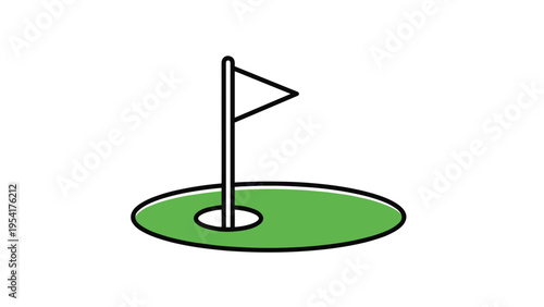 Typical golf hole on a vibrant green putting surface with a white flag on a pole representing the target in a professional sports game.