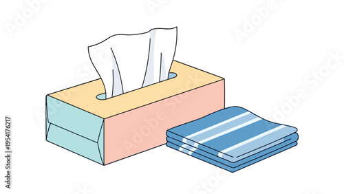 Rectangular box of soft white tissues sitting next to a stack of neatly folded blue striped towels or cloths for personal hygiene and care.