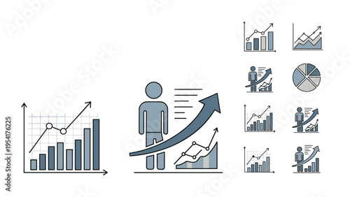 Business growth and financial success graphics showing various bar charts line graphs and pie charts with a successful human figure icon.