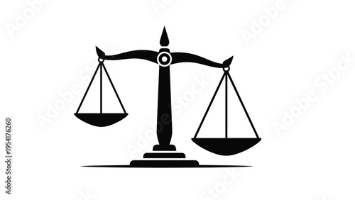 Classic black silhouette of a scale of justice representing law legal systems and courtroom fairness isolated on a clean white background.