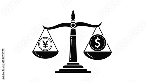 Black silhouette of a balance scale weighing a Japanese yen coin against a US dollar coin to symbolize currency exchange and world economy.