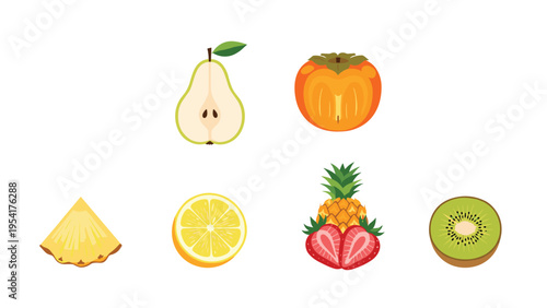 Set of various sliced fruit illustrations including pear persimmon pineapple lemon strawberry and kiwi shown in a colorful vector collection.