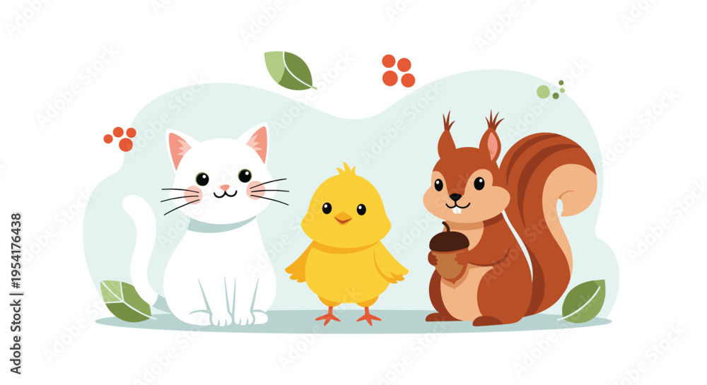 Naklejka premium Three best friends including a white cat, yellow chick, and brown squirrel with an acorn sit together on a soft green and blue background.