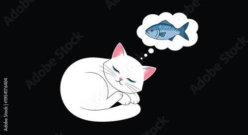 Cute white cat sleeps peacefully with its eyes closed while a thought bubble above shows a small blue fish swimming in water.