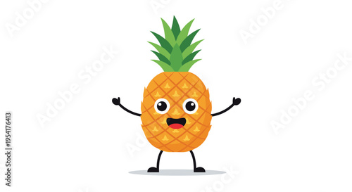 Happy yellow pineapple character with a green leafy top and a wide smile stands with its arms and legs open in a joyful pose.