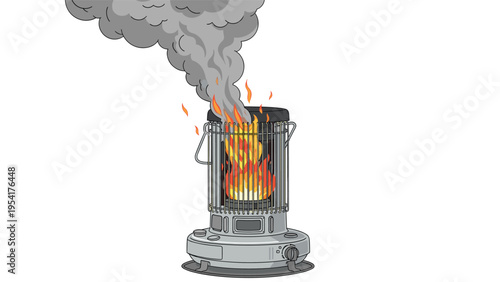 Traditional kerosene space heater catching fire with thick grey smoke and flames representing a dangerous household heating accident.