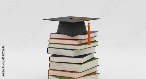 Stack of books with graduation cap on top symbolizing education and achievement.