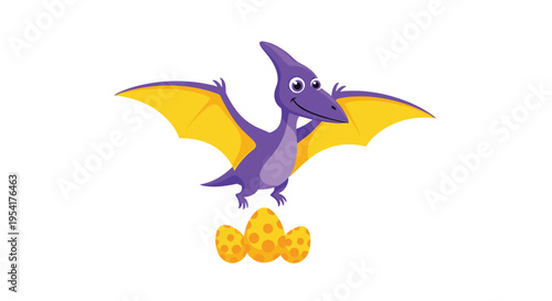 Cute purple pterodactyl dinosaur flying above three yellow spotted eggs in a cartoon style illustration on white background.