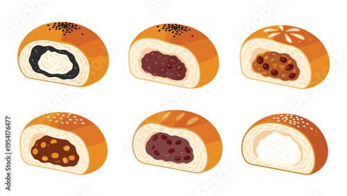 Set of traditional Japanese sweet bread buns known as anpan featuring various fillings like red bean paste and custard cream.