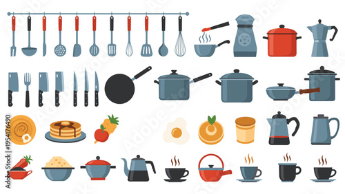 Large collection of flat kitchen equipment icons including pots pans knives and various breakfast items like pancakes and eggs.