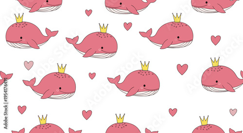 Pink whale princess pattern featuring cute whales wearing gold crowns and small pink hearts on a plain white background.