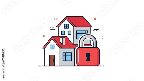 Group of residential houses protected by a large red padlock icon symbolizing home security and property safety measures.