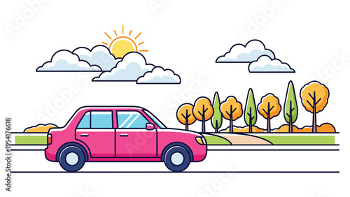 Vibrant pink sedan car traveling along a scenic road lined with colorful autumn trees under a bright sun and fluffy clouds.