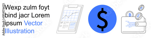 Financial planning, cryptocurrency, fintech, investments, economy, data analysis. are a clipboard with a chart, a dollar sign and a crypto wallet. Financial planning and cryptocurrency topics