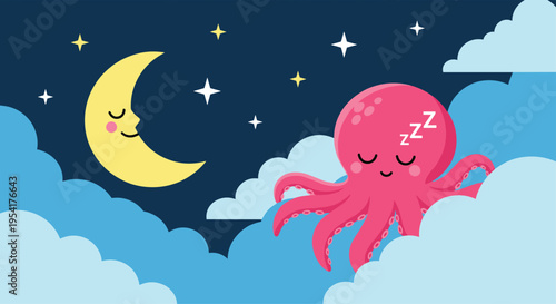 Cute pink octopus sleeping peacefully on blue clouds under a crescent moon and stars in a night sky illustration.