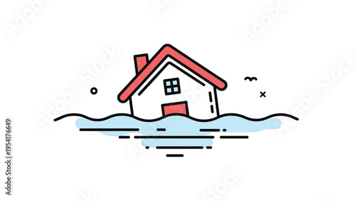 Simple house illustration partially submerged in blue water representing the devastating effects of flooding or natural disasters.