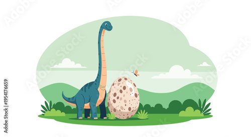 Long necked blue dinosaur standing in a green landscape looking at a large spotted egg with a small butterfly.
