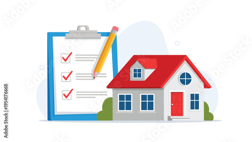 Professional home inspection concept showing a suburban house next to a blue clipboard with several red checkmarks on it.
