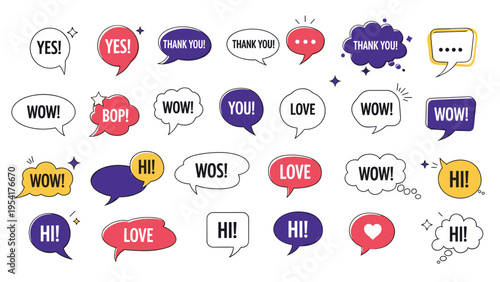 Comprehensive set of colorful speech bubbles containing common expressions like wow thank you love and hi for digital messaging.