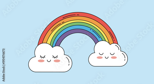 Colorful rainbow arch connecting two smiling white clouds with pink cheeks on a light blue background.