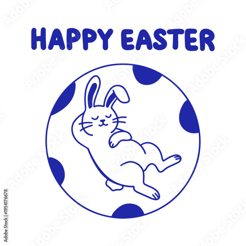 The inscription Happy Easter above a round polka-dot frame with a stylized rabbit lying peacefully on its back.. Vector