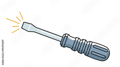 Metal flathead screwdriver with motion lines and sparkles illustrating a functional tool being used for repair or assembly tasks.