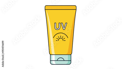 Bright yellow tube of UV protection sunscreen cream with a sun icon designed for skin safety during outdoor summer activities.