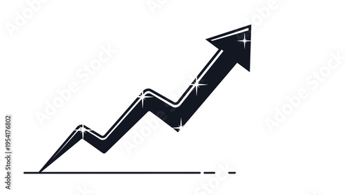 Black upward trending arrow with sparkles used to represent financial growth success and positive movement in business statistics.