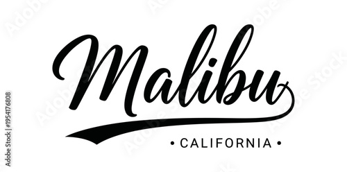 Malibu, California is stylishly represented in a classic black and white design. USA city vector badge – flat style design emblem label sticker, transparent background