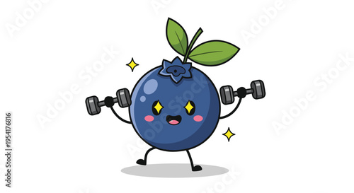 Strong cartoon blueberry character with sparkling eyes lifting two dumbbells in a fitness and health illustration.