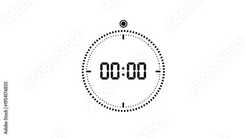 Minimalist digital stopwatch icon showing zero minutes and zero seconds with a dotted circular progress indicator around the time.