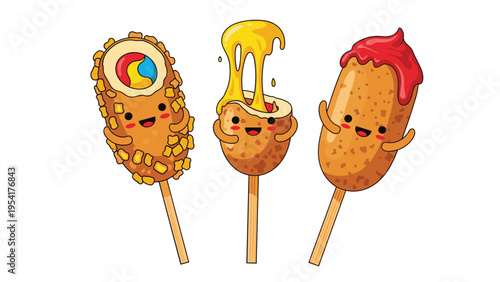 Group of three cute cartoon corn dogs with smiling faces and various delicious toppings like melted cheese and red tomato ketchup.