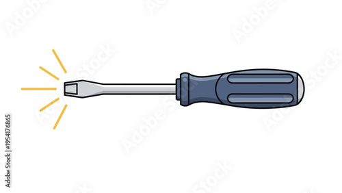 Durable flathead screwdriver with a dark blue handle and shining yellow lines at the tip indicating a new or effective tool.