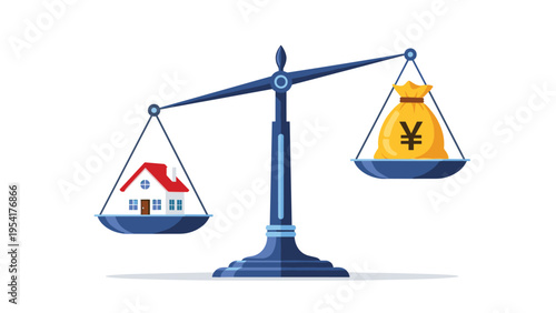 Professional balance scale weighing a small white house against a large bag of money marked with a Japanese yen currency symbol.