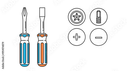 Technical illustration of Phillips and flathead screwdrivers with diagrams of their respective screw head patterns and tips.