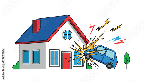 Blue car colliding with a residential house causing significant damage with lightning bolts and debris flying from the impact site.