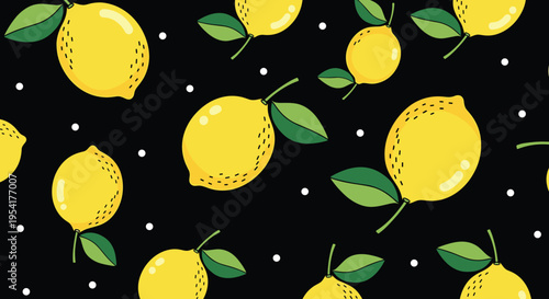 Fresh yellow lemons with green leaves and white dots scattered across a solid black background in a seamless pattern.
