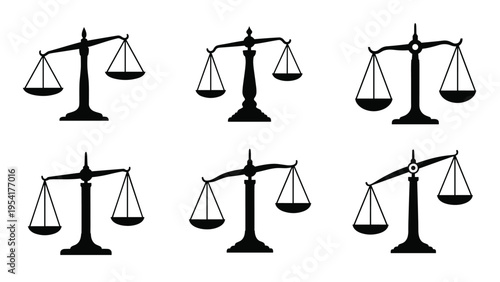 Collection of six black silhouette icons of balance scales in different states of equilibrium for legal or weight concepts.