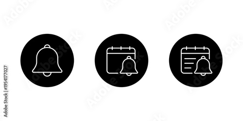Notification reminder icon in black circle. Bell calendar outline symbol. Date alert sign