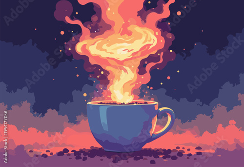 surreal 3D illustration simple cup coffee, but violent, swirling minitornado glowing liquid is erupting out mug High energy concept Minimalist layout intense focal point