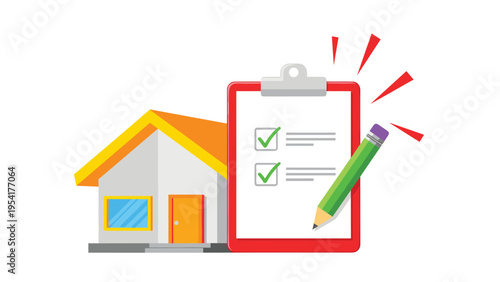 Red clipboard with a green checkmark list next to a house icon and a green pencil symbolizing a completed home inspection task.