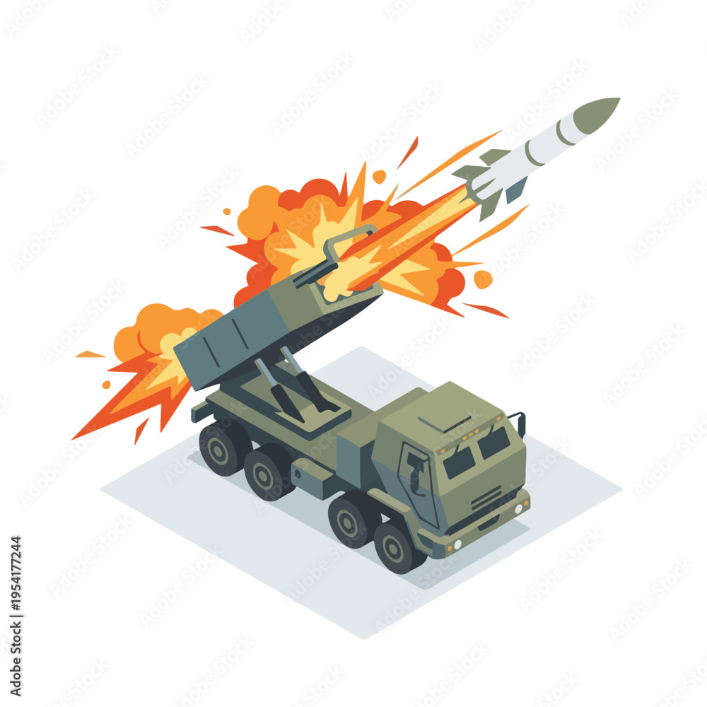 Fototapeta premium isometric vector missile launcher vehicle launching a missile 8