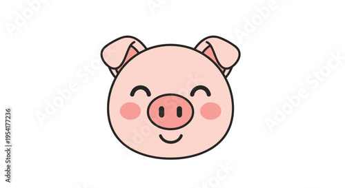 Simple and cute pink pig face with blushing cheeks and a happy smile is depicted in a minimalist cartoon style on a white background.