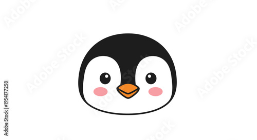 Charming penguin head illustration features a black and white bird with pink blushing cheeks and an orange beak on a white background.