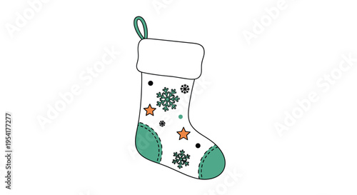 White Christmas stocking features green trim and a decorative pattern of snowflakes, orange stars, and black dots on a white background.