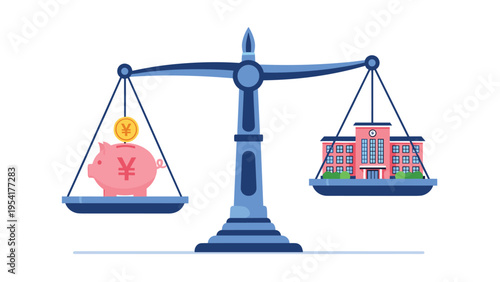Balance scale weighs a pink piggy bank against a school building representing the financial cost of education and academic investment.